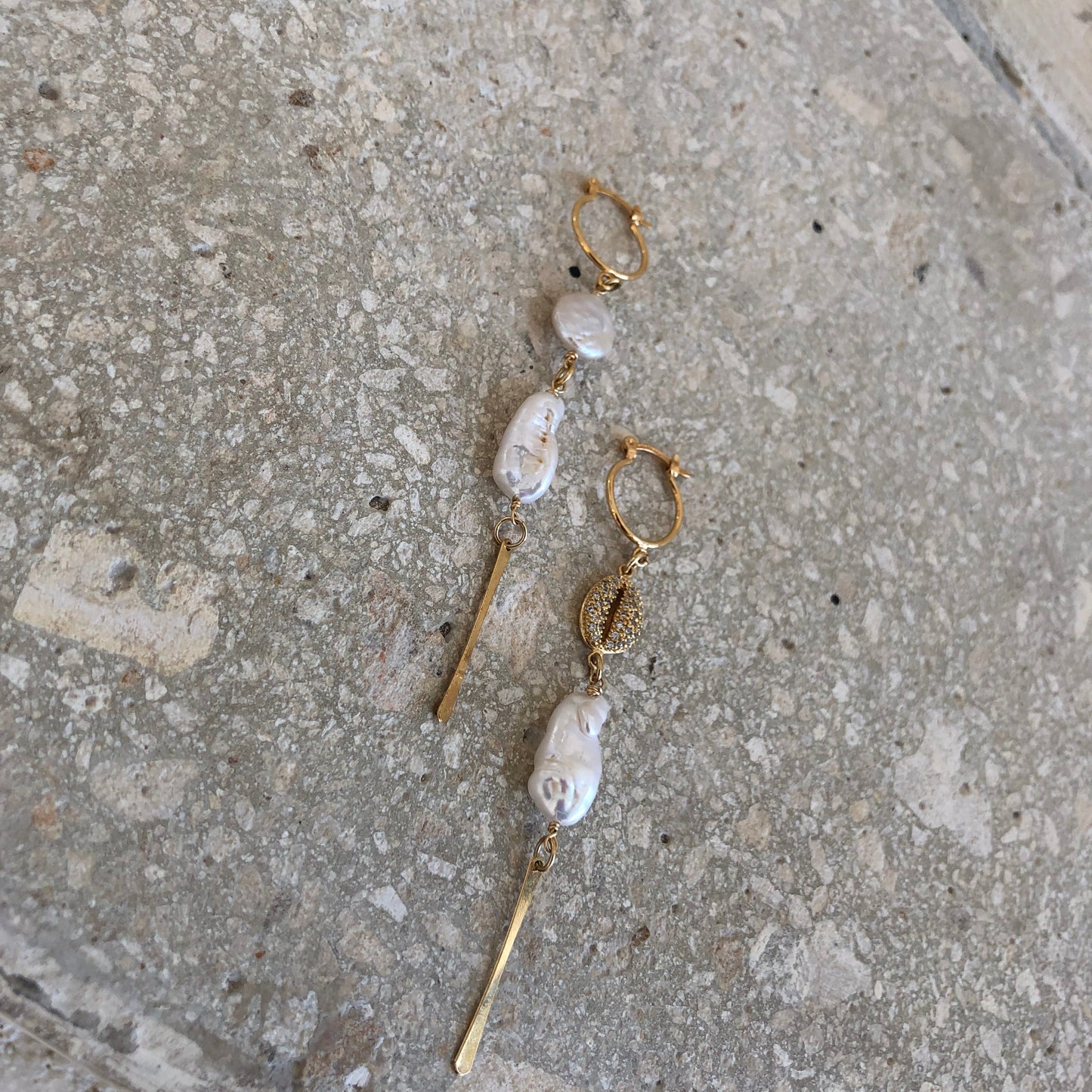 Asymmetrical CZ shell and pearl earrings