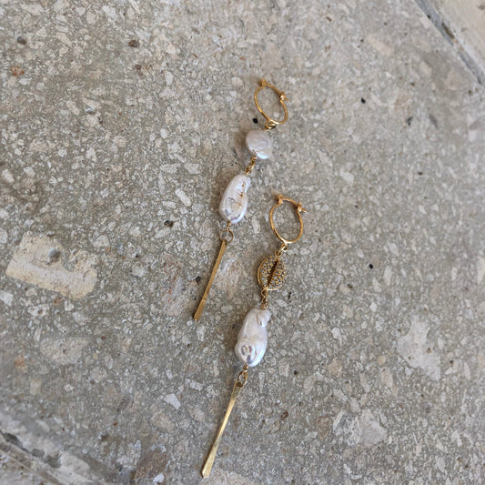 Asymmetrical CZ shell and pearl earrings